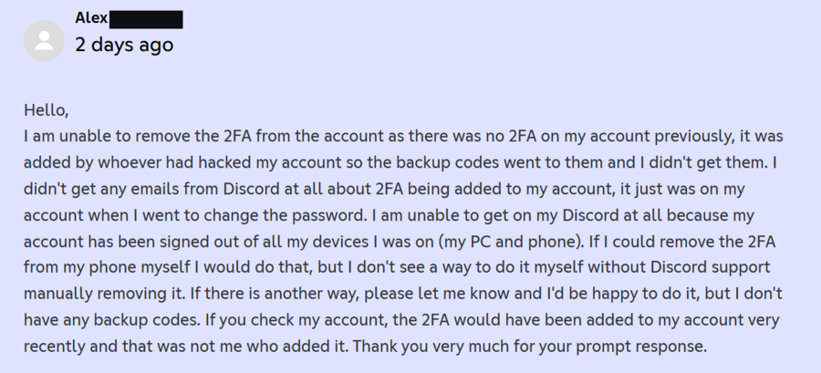 Follow-up reply clarifying that there was no previous 2FA and the attacker added it.