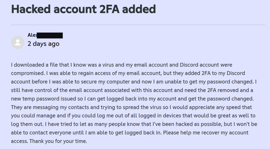 Initial Discord support request explaining that the hacked account had attacker-added 2FA.