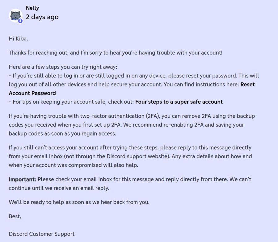 Discord support response with password reset advice and 2FA backup code guidance.