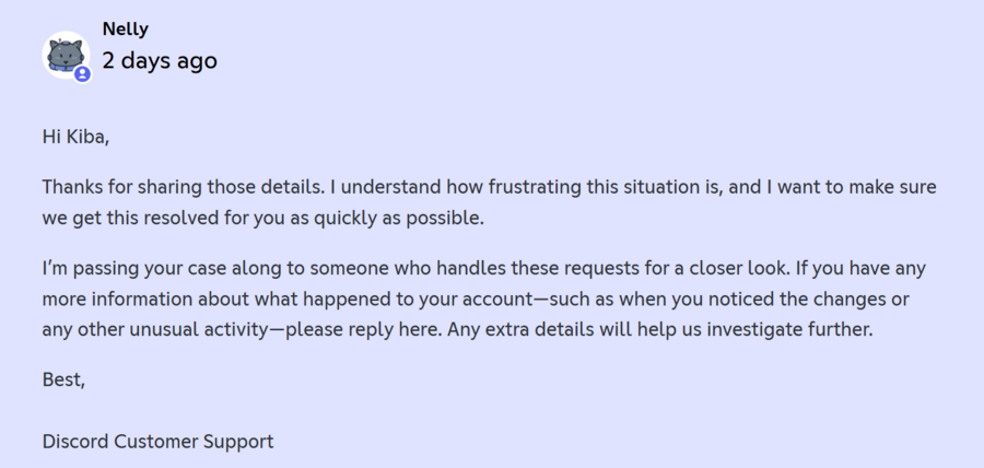 Discord support response saying the case would be passed to someone for a closer look.